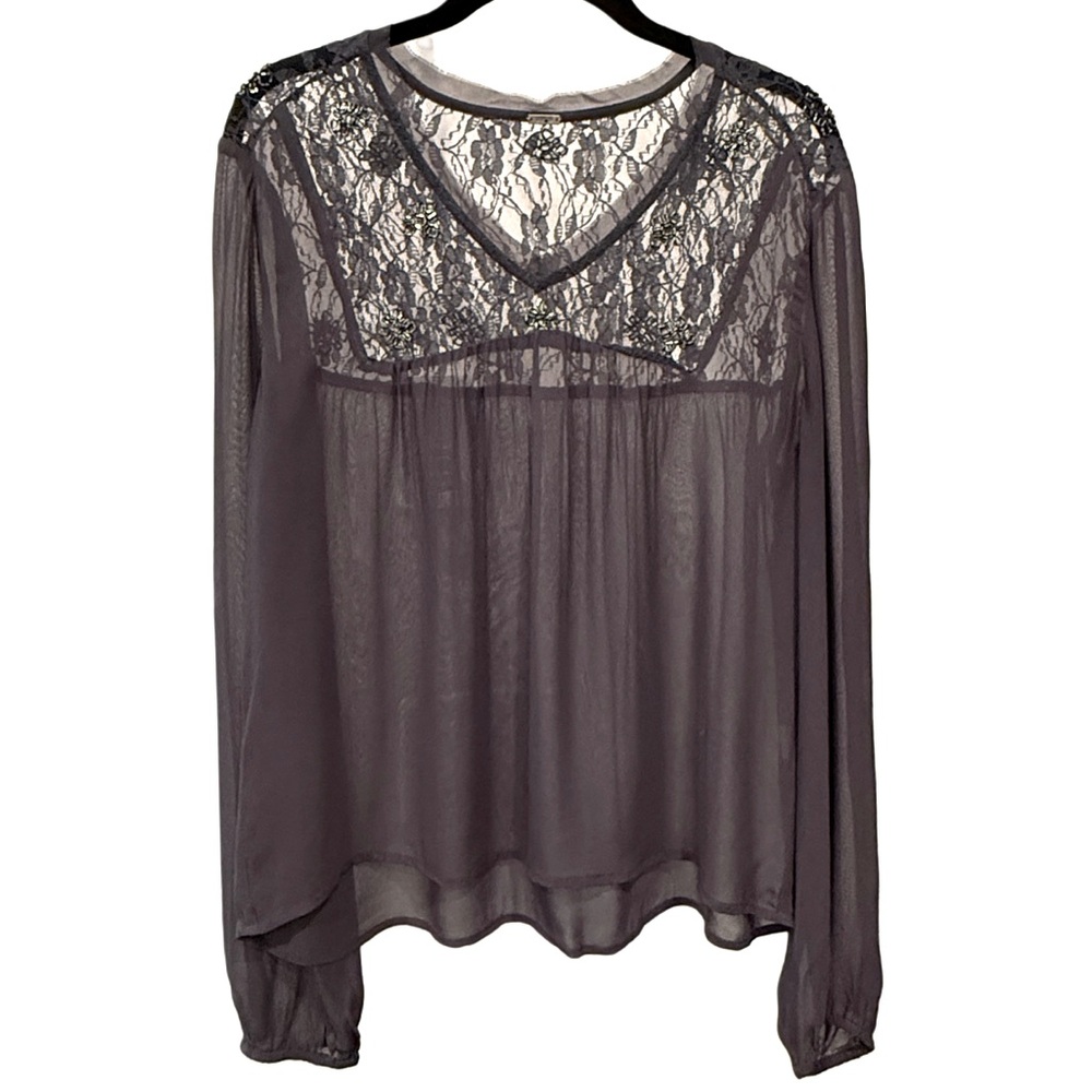 Size Medium Chan Luu Dark Gray, Sheer, Lace, V-Neck,  Long Sleeve Blouse
